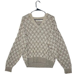 Vintage Grandpa Sweater Men’s L Knit Geometric Pattern Beige Brown Retro 90s